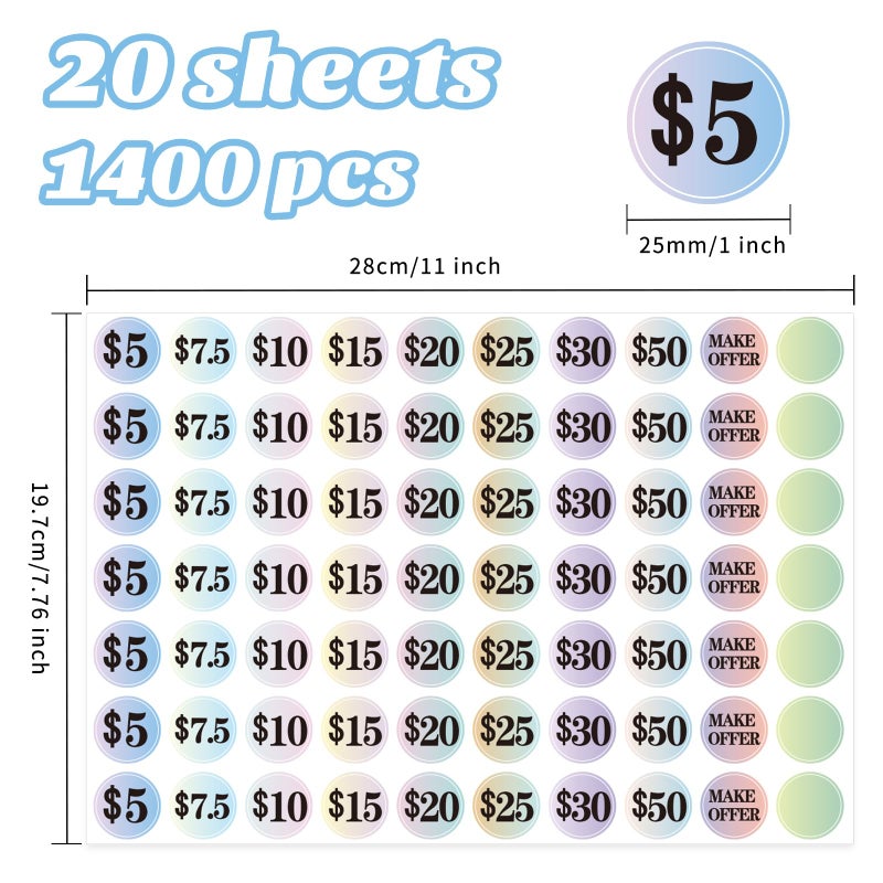 Starboling Garage Sale Stickers - 1400 Pcs, 1 Inch Big, Gradient Color Flea Market Pre-Printed Pricing Stickers - Image 2